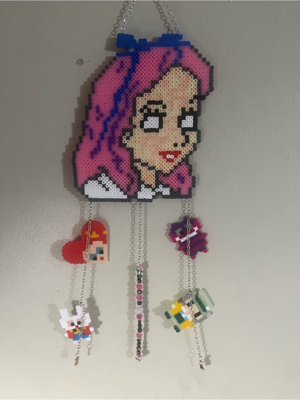Handmade Pink Pixel Art Wall Hanging with Bead Charms